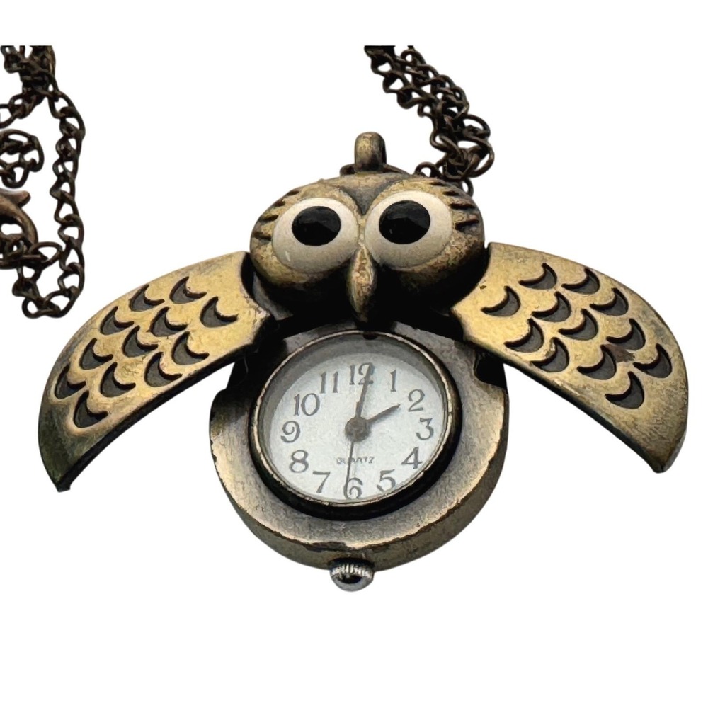 Vtg Owl Pendant Watch Necklace Bronze Steampunk Hidden Analog working clock - Picture 5 of 7